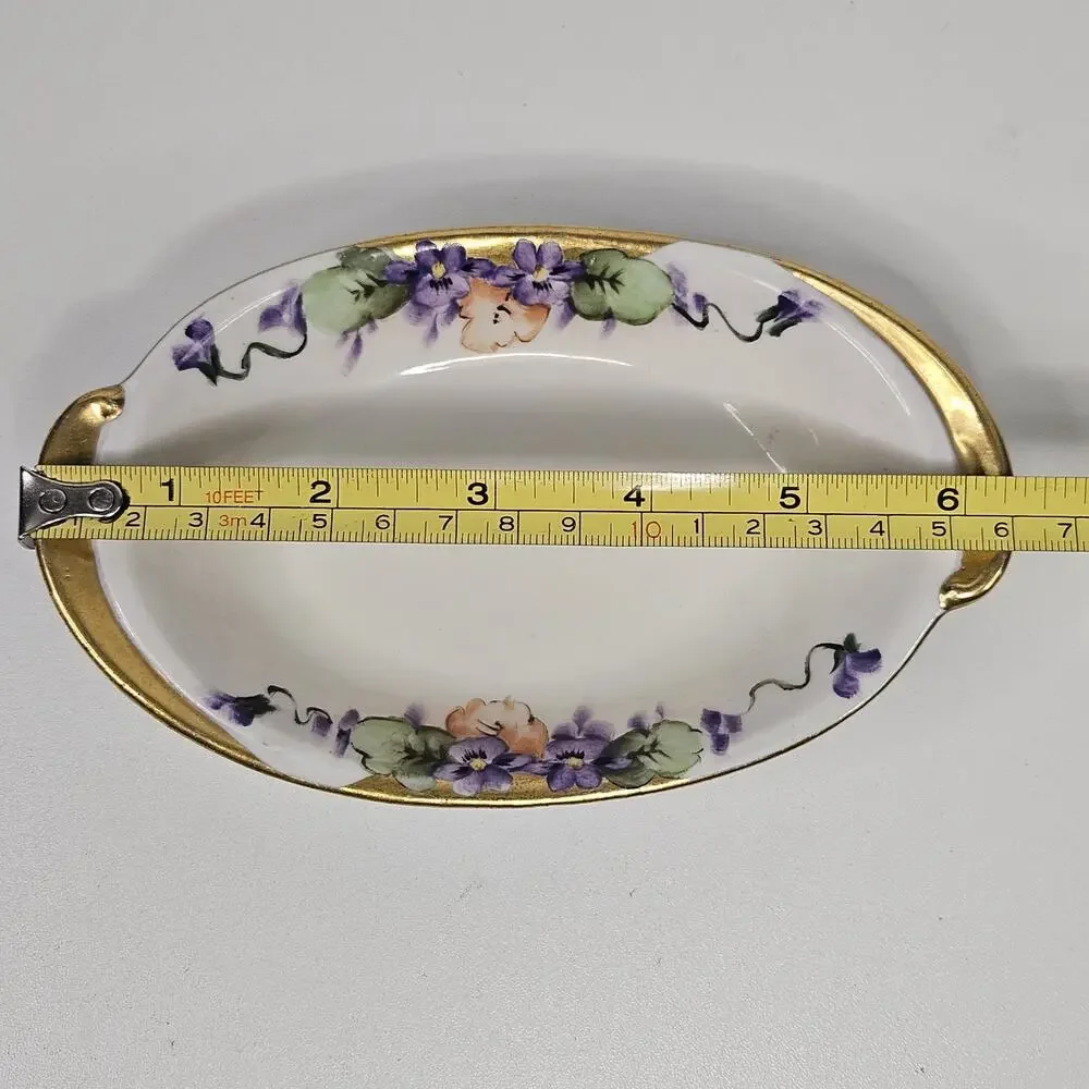 Antique hand-painted porcelain nappy dish candy bowl violet motif gold trim